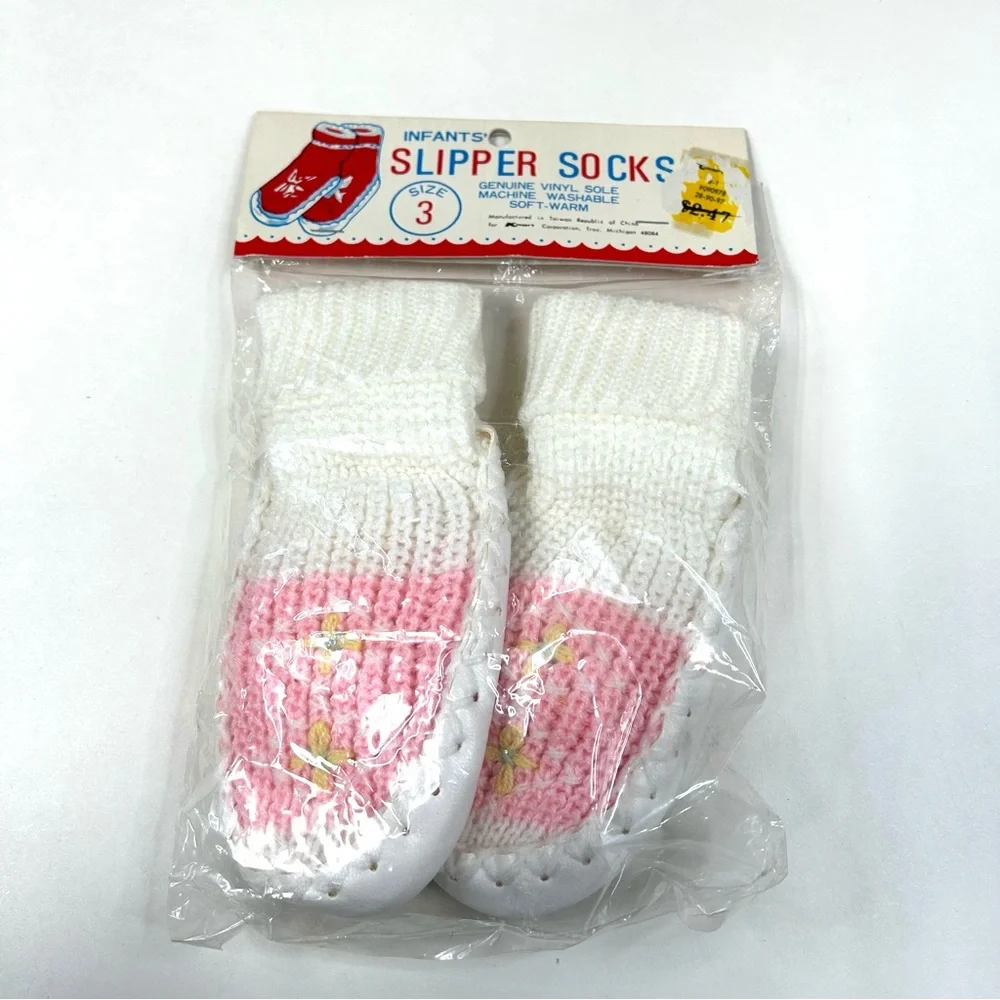 NEW Vintage Infants Slipper Socks Size 3 Girl Floral Knit White Pink #3810